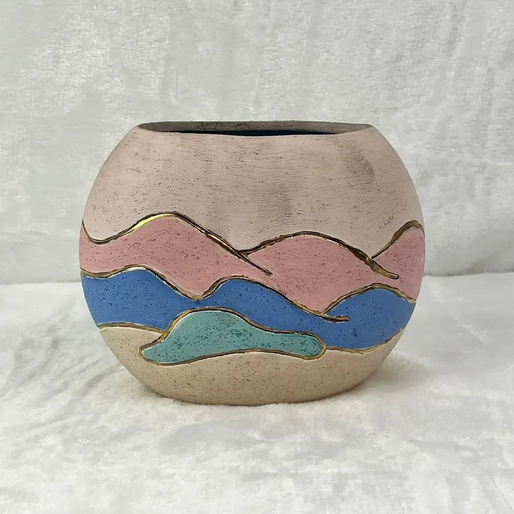 Southwestern Desert Scene Pottery Vase Cactus Sunset Relief Painted 5.5 Handmade